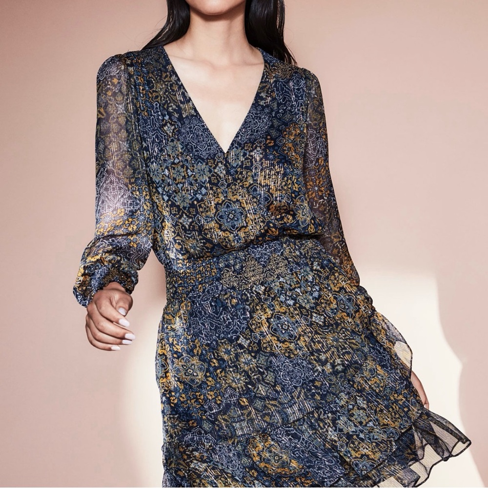 MICHAEL KORS Faux Wrap Chiffon Mini-Dress Mega Patchwork Print Tiered